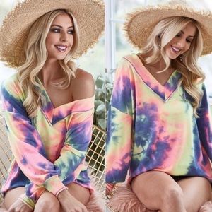New! Sale 🔥 Off One Shoulder Bright Neon Vibrant Tie Dye Relaxed Top